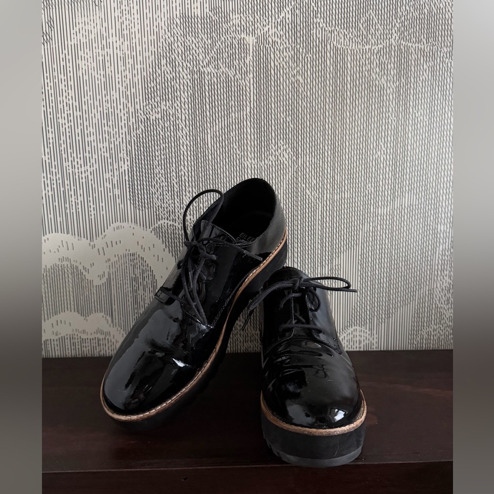 Eileen Fisher Eddy Derby Black Patent Platform Lace up Oxford Shoe ~ Size 7.5 - Picture 4 of 15